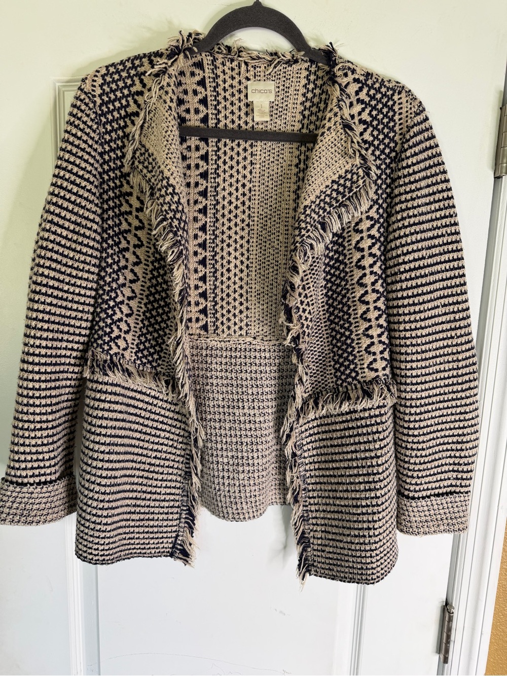 Chico’s Tan And Navy Woven Draped Open Front Cardigan W/ Fringe Detail Size 1